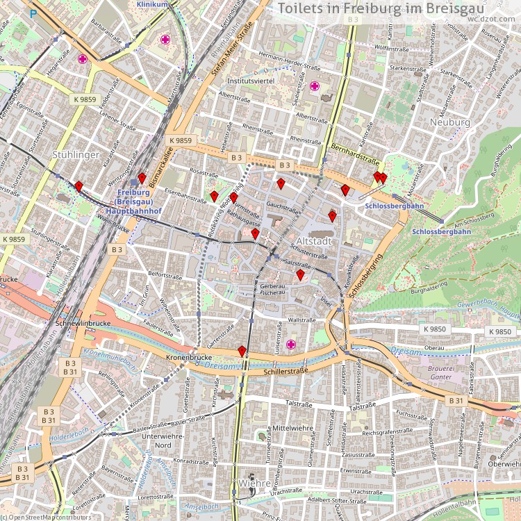 Toilets Freiburg im Breisgau - map of cash machines